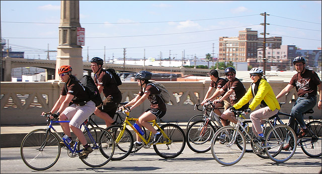 CicLAvia riders on 4th St. bridge